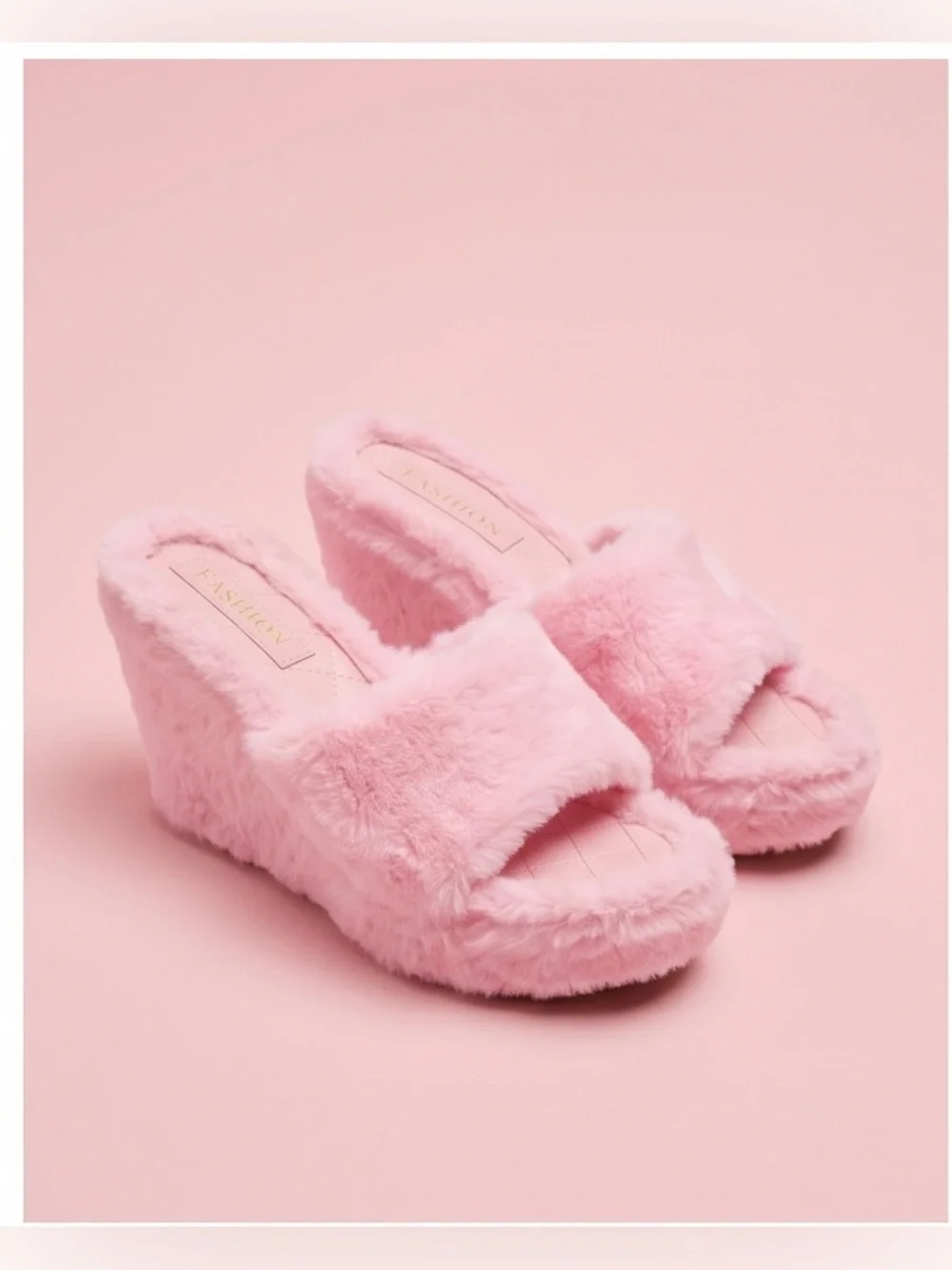 Women’s Plush Pink Wedge Slide Fuzzy Platform Mules slippers size 8.5